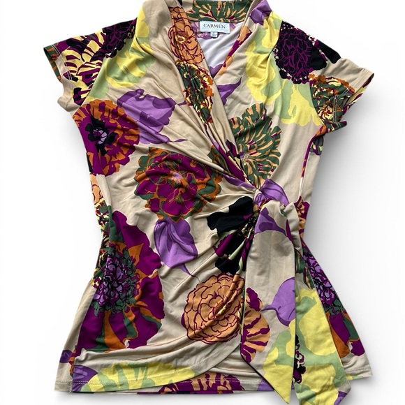 Carmen Marc Valvo Multicolor Floral Wrap Blouse V Neck Size S EUC - Picture 2 of 9